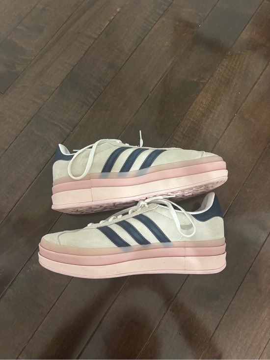 adidas Shoes - adidas Women’s Cream Suede Sneakers with Navy Stripes & Pink Platform